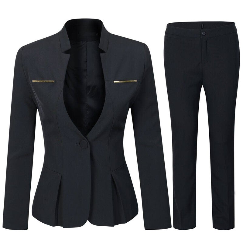 YUNCLOS Women's Elegant Business 2 Piece Office Lady Suit Set Work Blazer Pant Black - Image 1